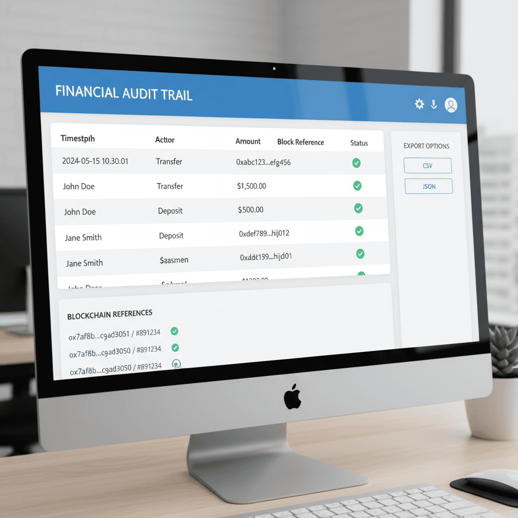 Audit trail dashboard showing unified evidence logs and blockchain references