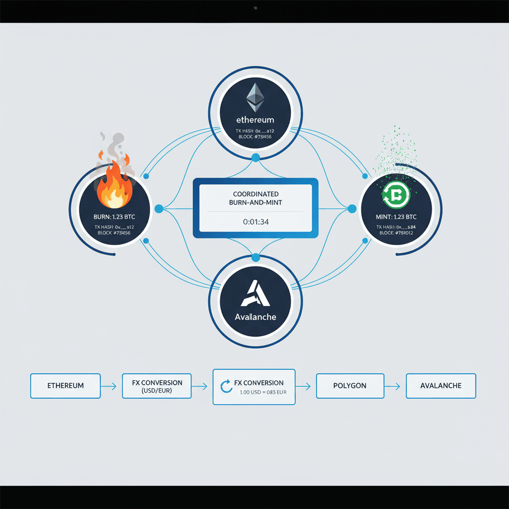 Cross-chain movement coordination showing burn-and-mint operations